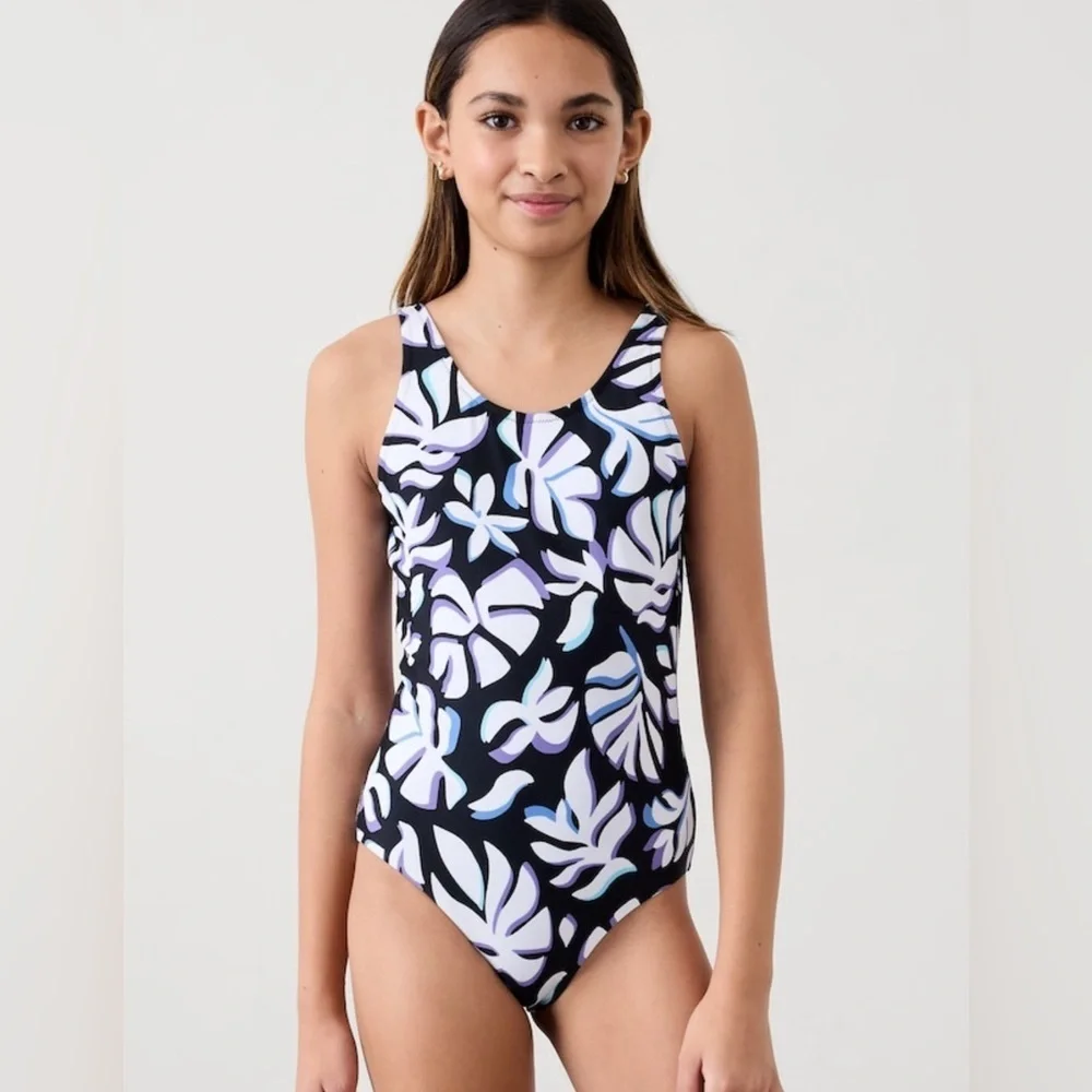 NWT Athleta Girl Scoop One Piece Solara Floral Blue Swimsuit Size Medium 8-10